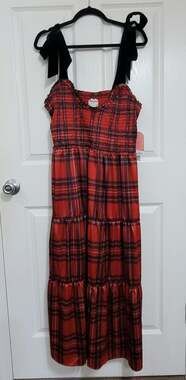 Arula size 2X red Plaid dress with black velvet shoulder ties NWT